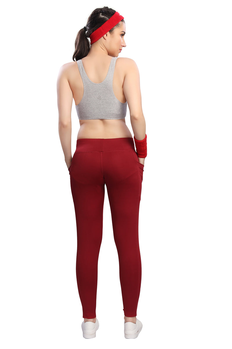 TRASA Active Yoga Pants for Women's Gym High Waist with 3 Pockets- Maroon
