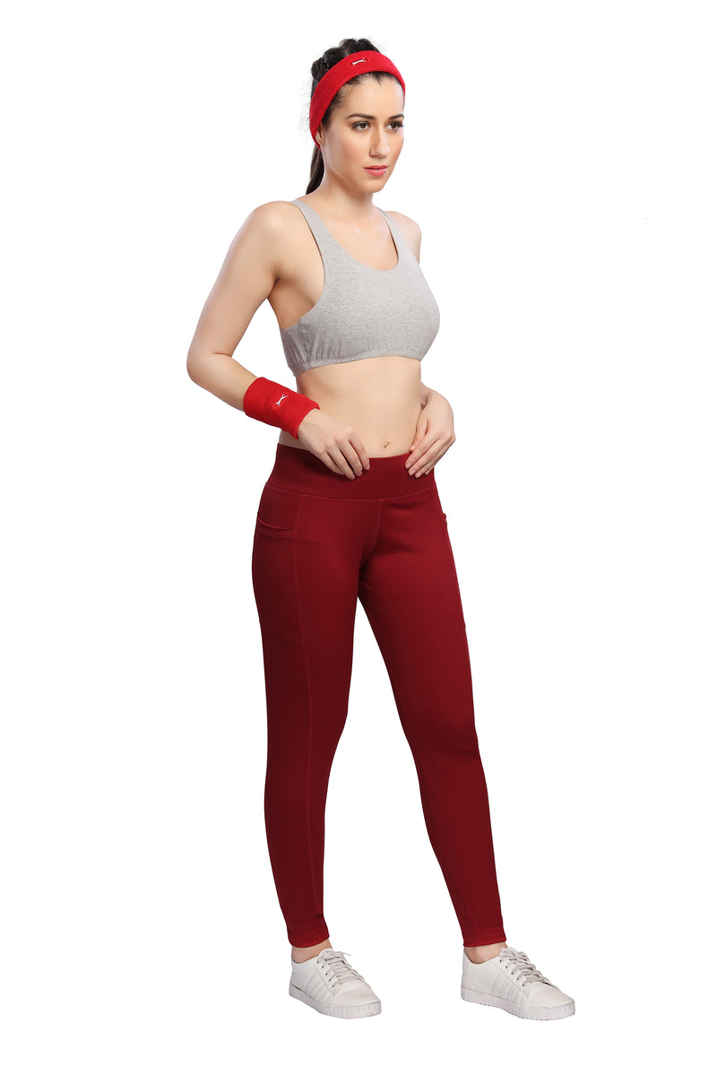 TRASA Active Yoga Pants for Women's Gym High Waist with 3 Pockets- Maroon