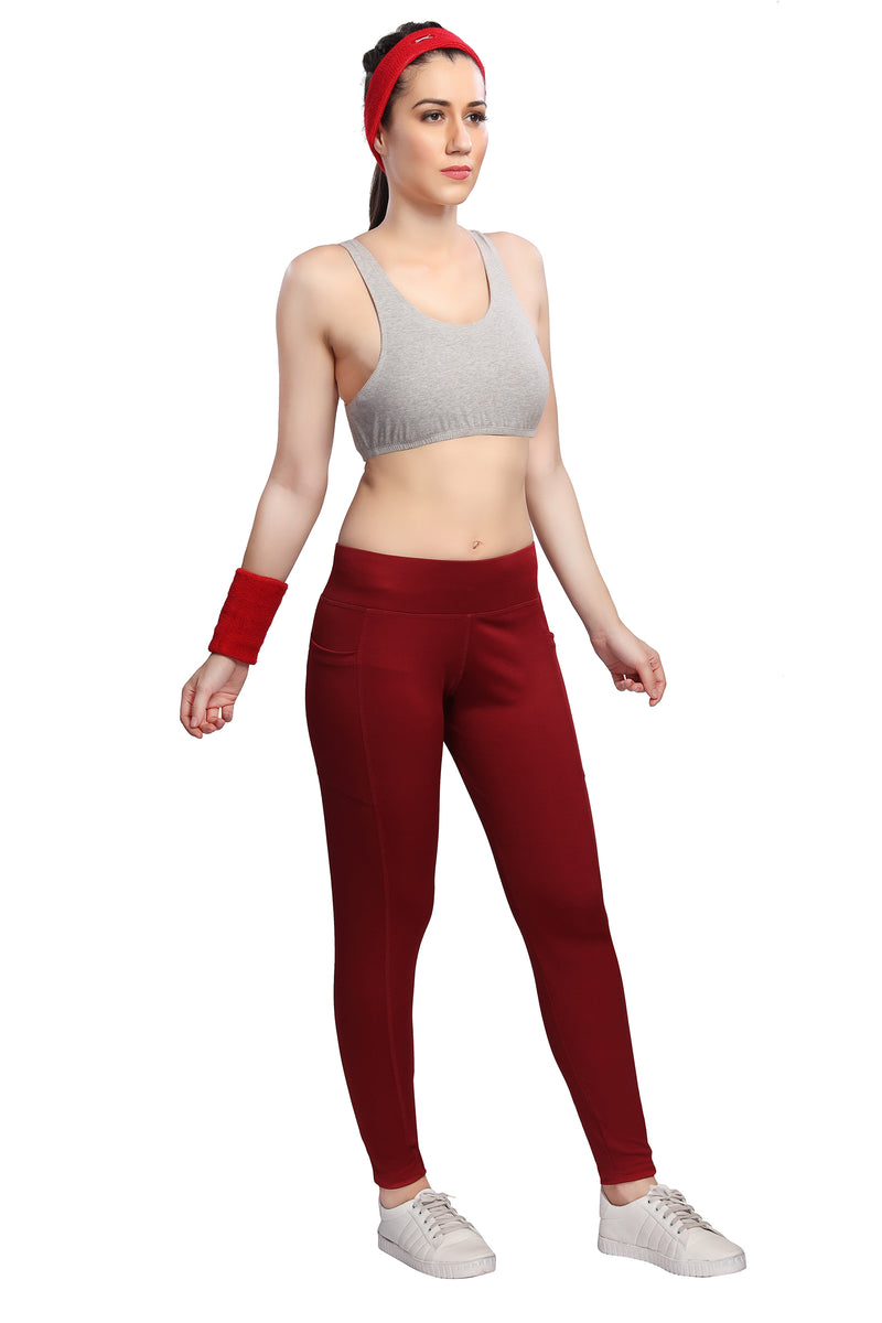 TRASA Active Yoga Pants for Women's Gym High Waist with 3 Pockets- Maroon