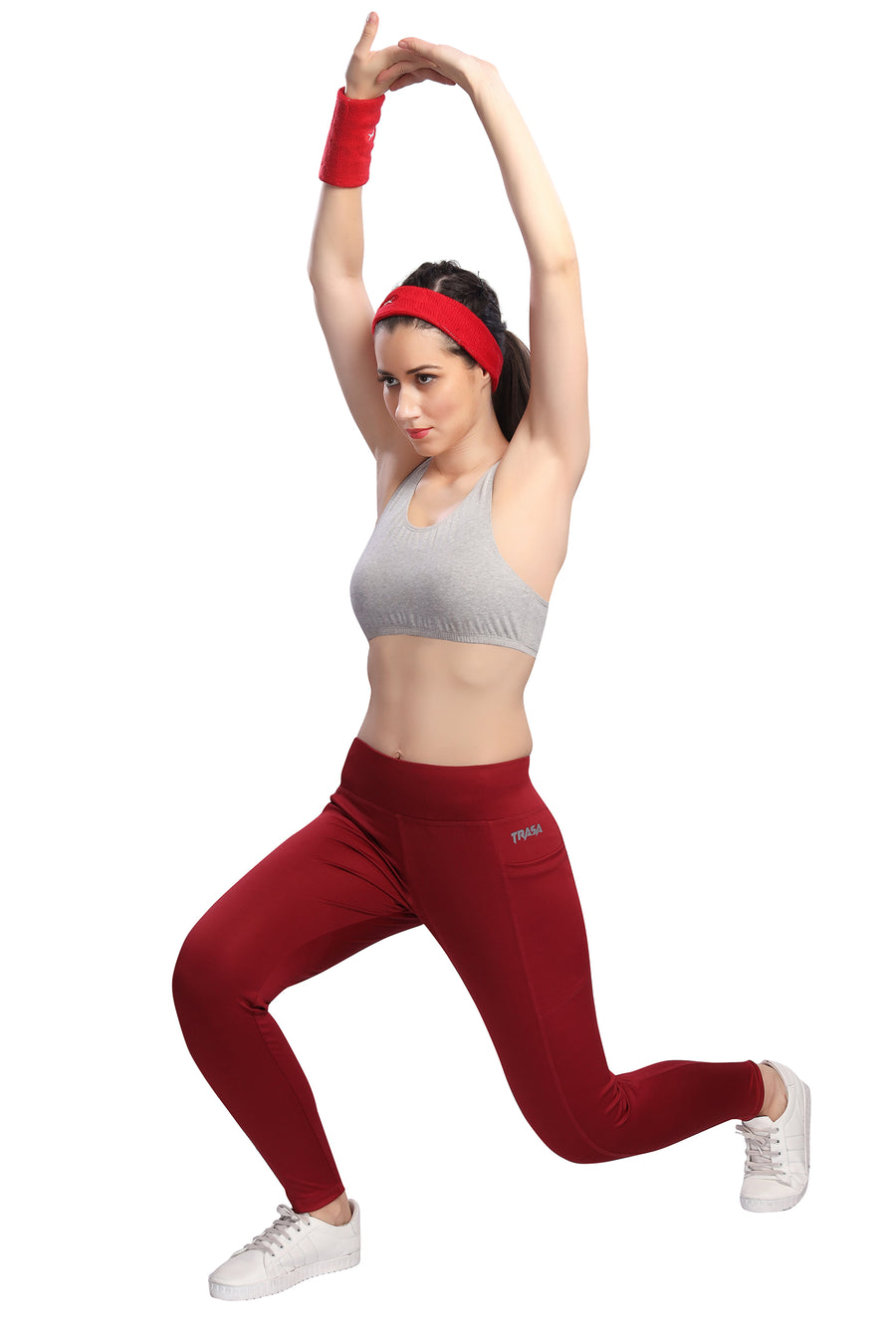 TRASA Active Yoga Pants for Women's Gym High Waist with 3 Pockets- Maroon