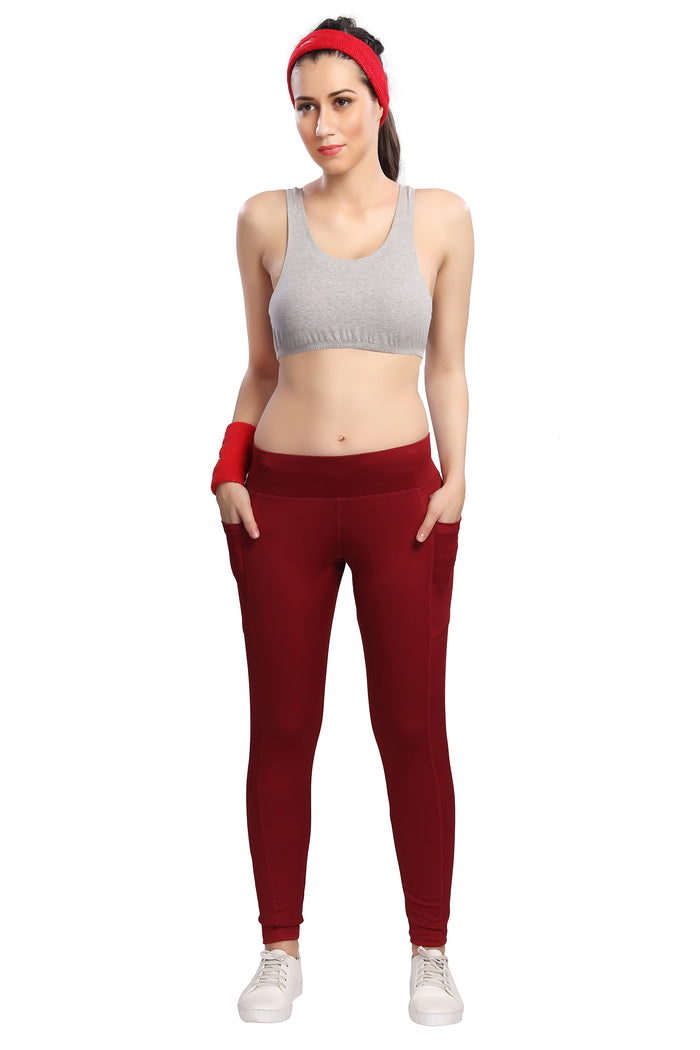 TRASA Active Yoga Pants for Women's Gym High Waist with 3 Pockets- Maroon