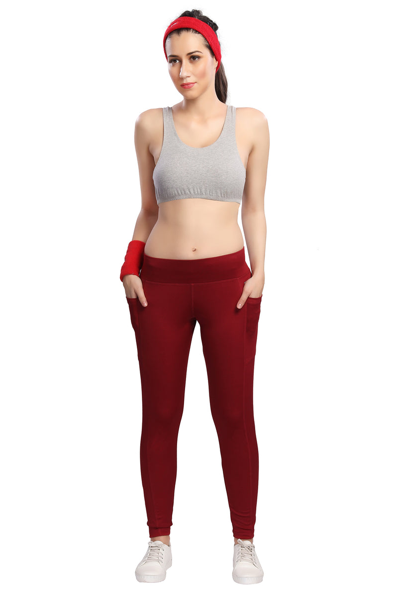 TRASA Active Yoga Pants for Women's Gym High Waist with 3 Pockets- Maroon