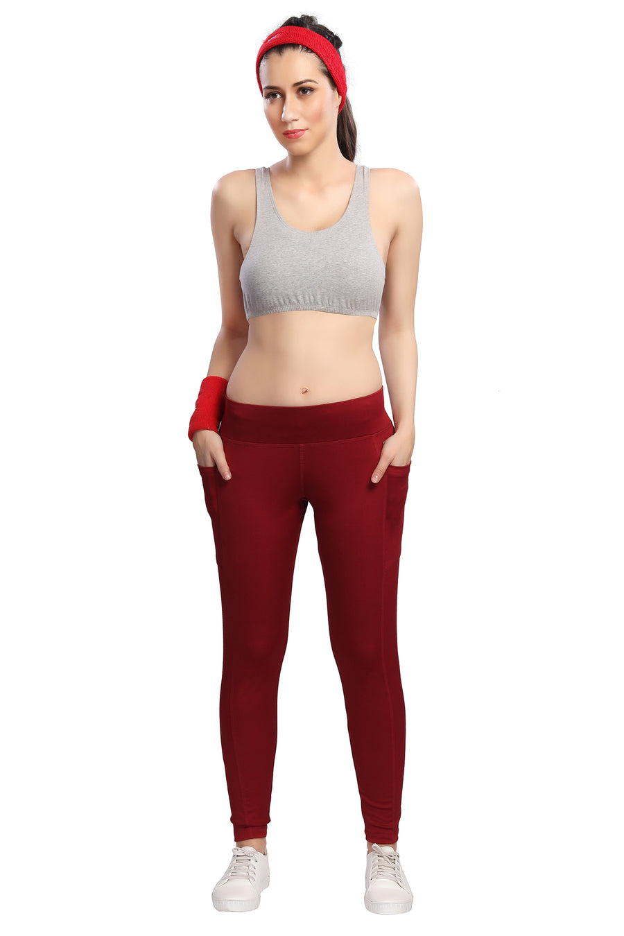 TRASA Active Yoga Pants for Women's Gym High Waist with 3 Pockets- Maroon
