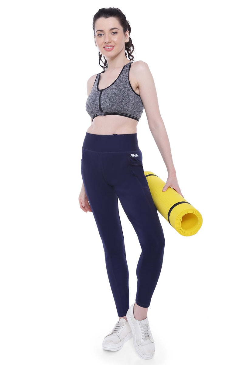 TRASA Active Yoga Pants for Women's Gym High Waist with 3 Pockets-  Navy Blue