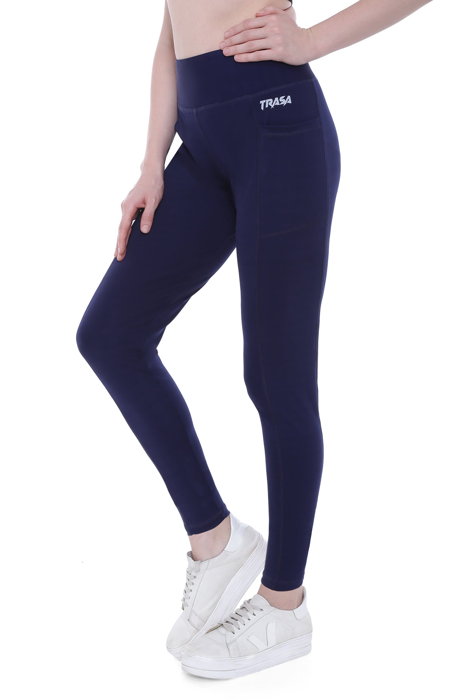 Dark blue gym leggings for women, ankle length sports pants, gym tights.