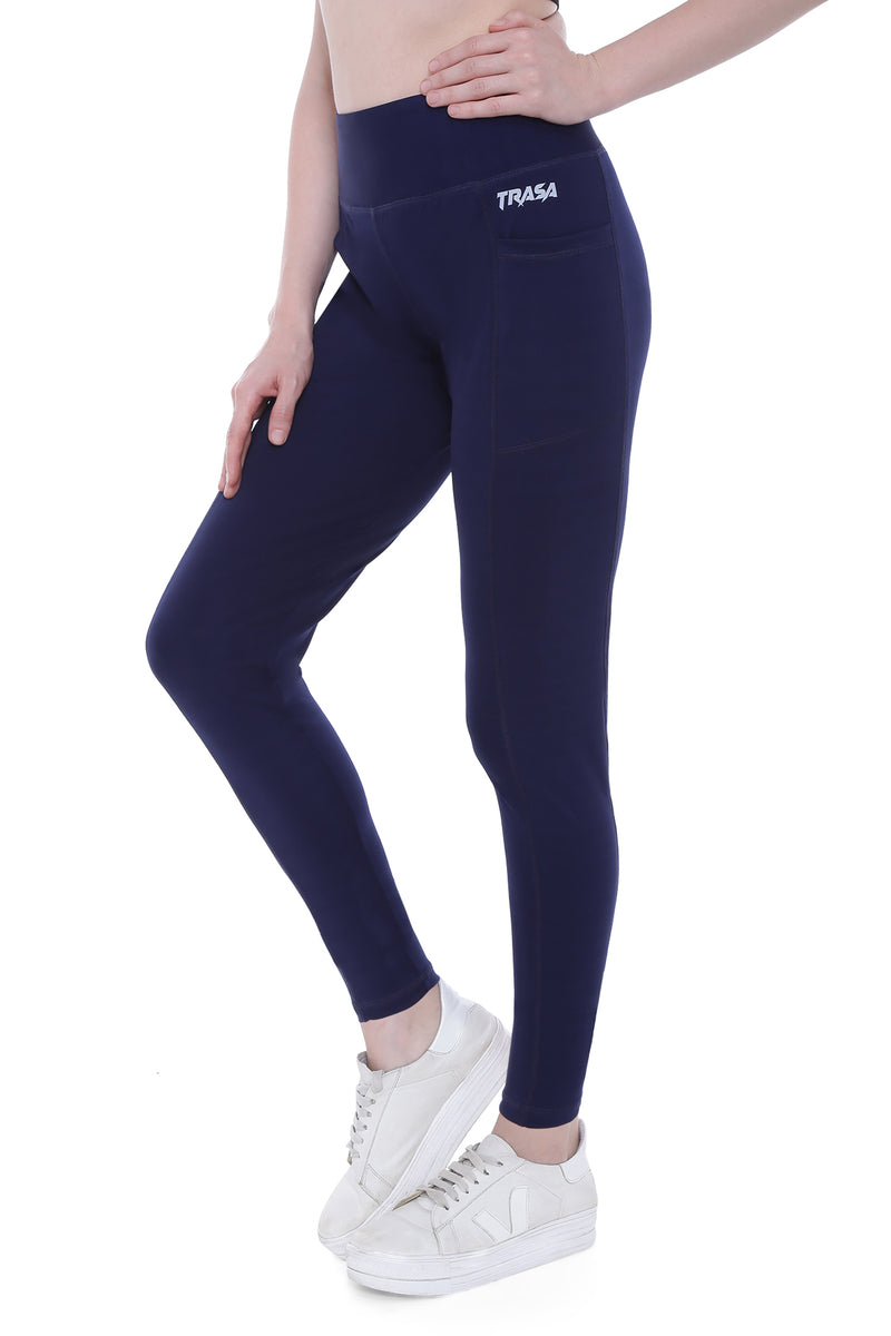 TRASA Active Yoga Pants for Women's Gym High Waist with 3 Pockets-  Navy Blue