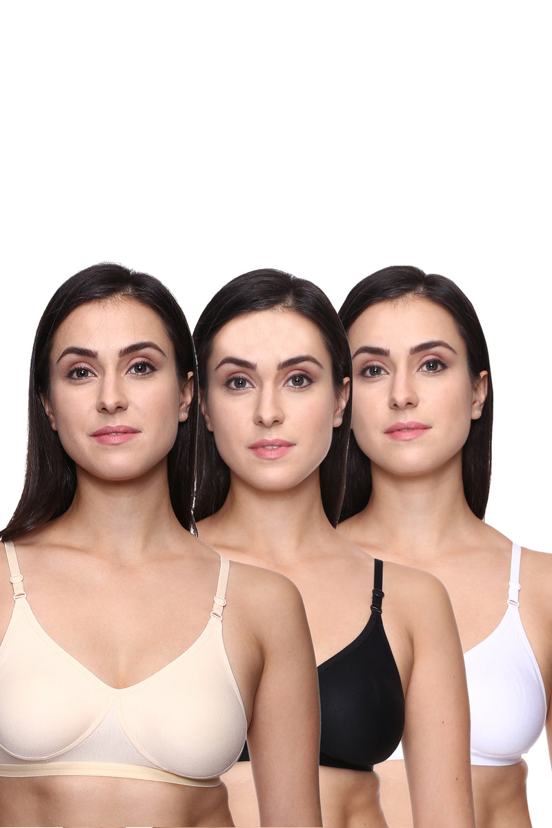 TRASA Women's & Girl's T-Shirt Bra (Pack of 3), Color - Black, White, Skin