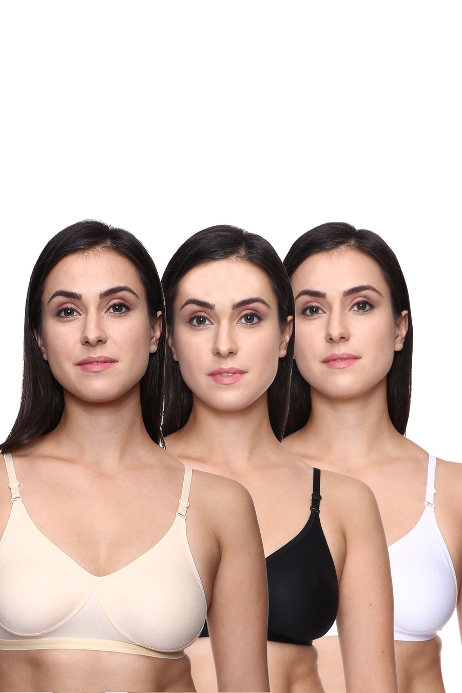 TRASA Women's & Girl's T-Shirt Bra (Pack of 3), Color - Black, White, Skin