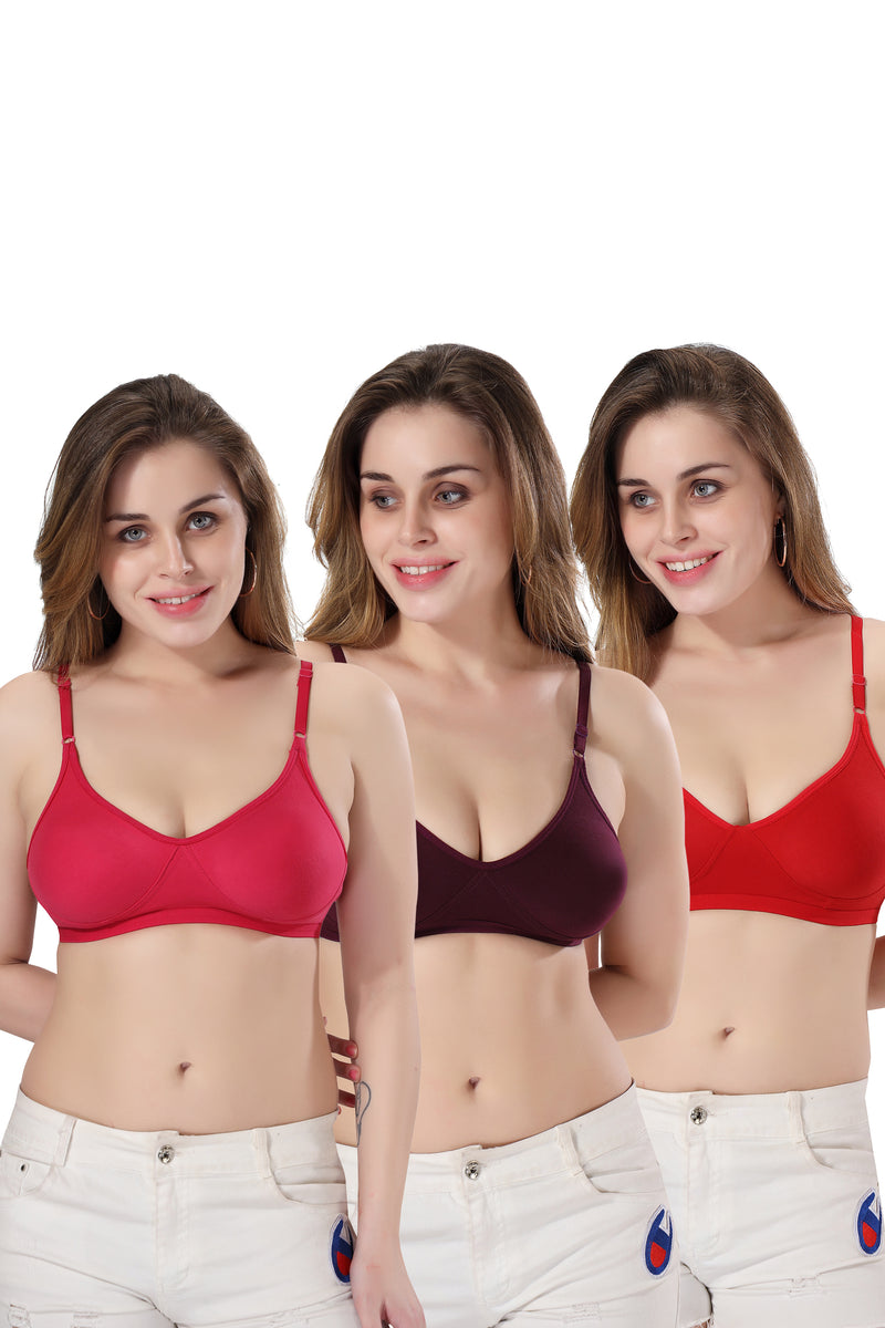 TRASA Women's & Girl's Bra (Pack of 3), Color - Red, Pink, Purple